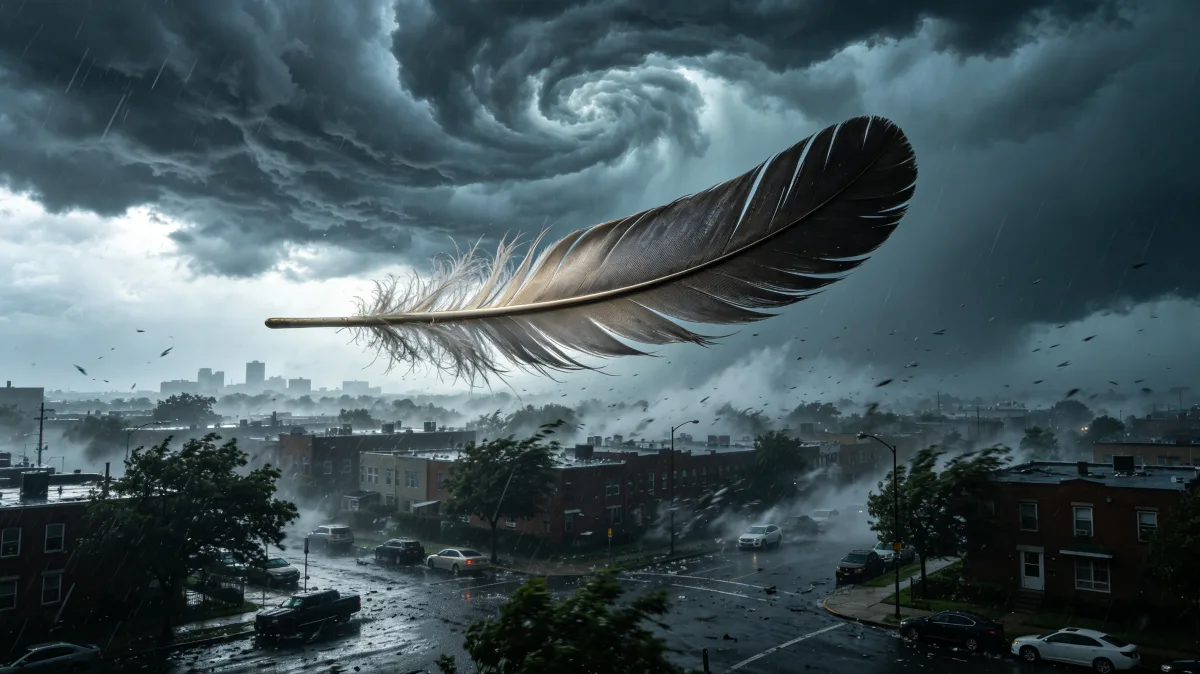 an enormous dark feather hovers above a storm-hit city with swirling clouds and debris, creating a surreal contrast between lightness, fragility, weather, flight, and urban vulnerability.