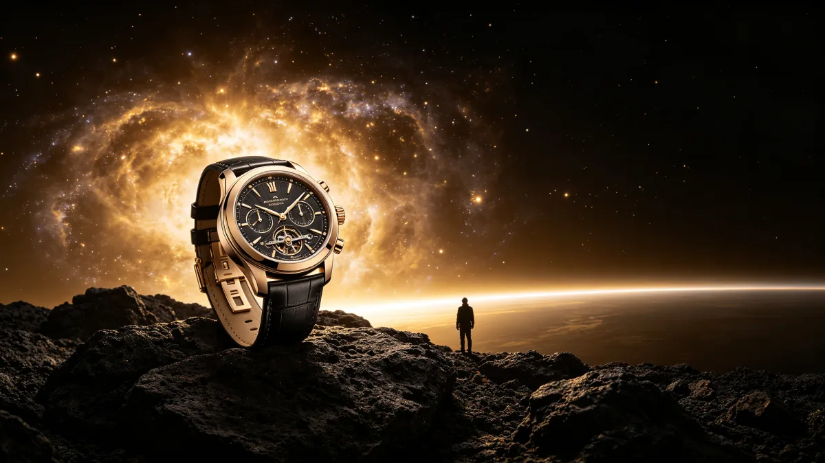 Cosmic Pocket Watch On Rocky Landscape
