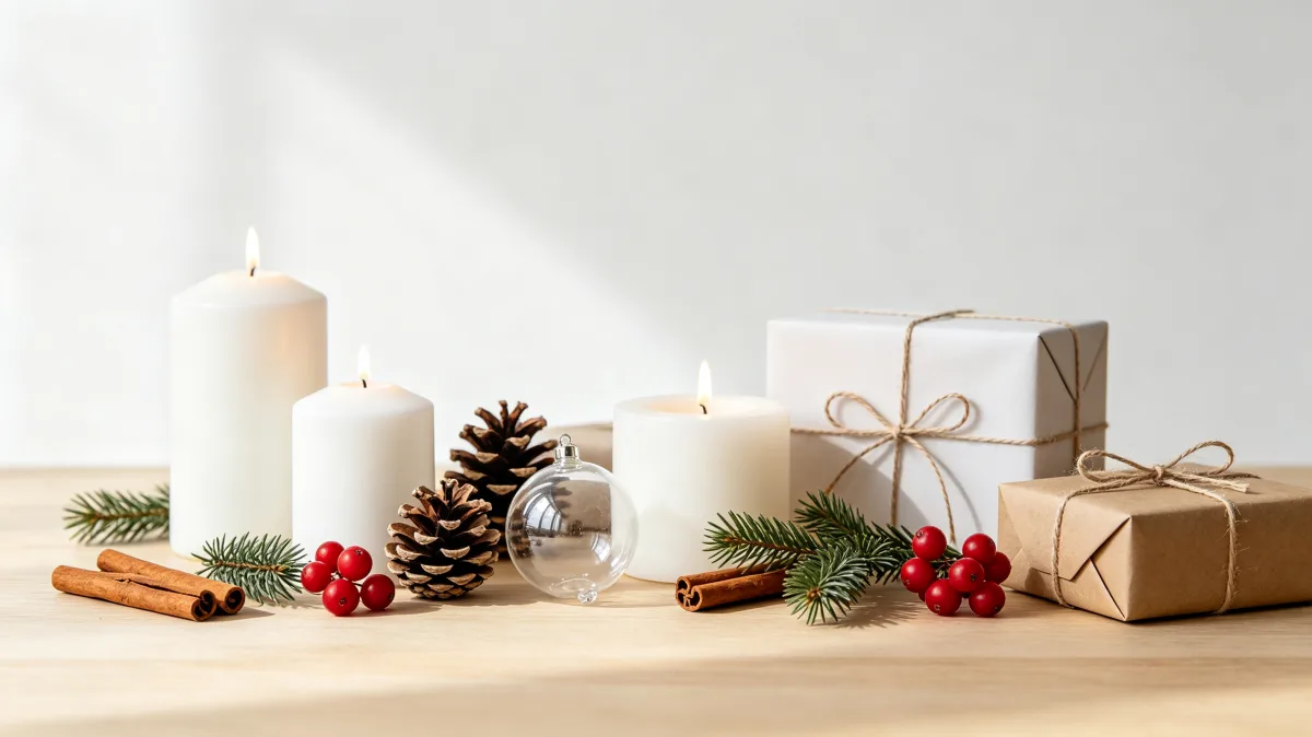 white candle holiday still life with pine cones and wrapped gifts
