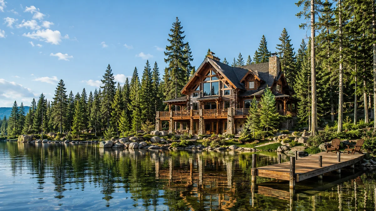 A timber cabin sits beside a lake and pine forest with a dock, decks, warm wood exterior, and calm mountain water.