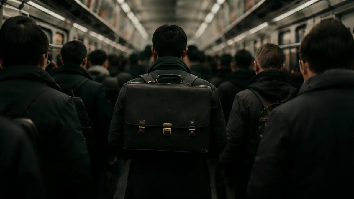 A crowded train interior shows commuters packed closely together, suggesting workforce mobility, labor pressure, urban density, and daily economic life.