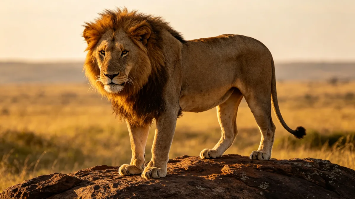 Male lion standing on a rock in golden African savanna light