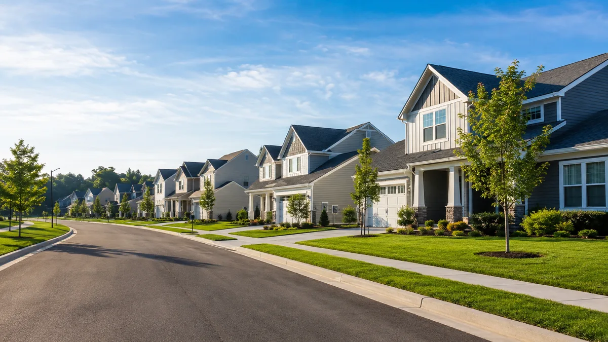 Rows of new suburban houses line a clean residential street with sidewalks, lawns, young trees, and blue sky.