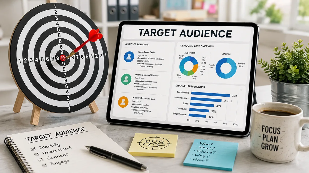 A target audience analysis setup includes a dartboard, tablet dashboard, profile segments, notes, and charts for persona research and campaign targeting.