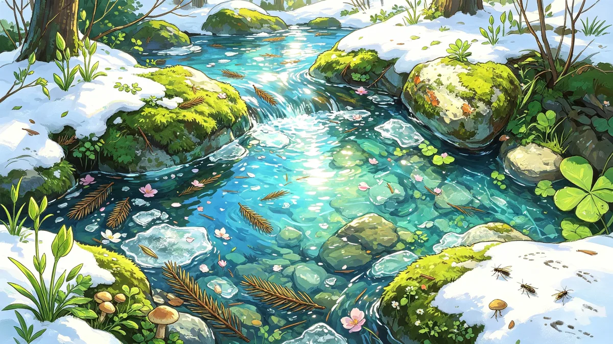 A clear stream winds through snowy rocks, moss patches, clover, and small flowers, creating a crisp transitional-season nature image where winter and spring meet around fresh water and delicate...