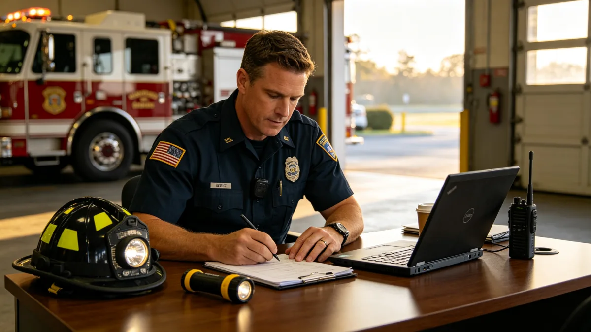 A firefighter writes at a desk with helmet, laptop, radio, and fire truck in the background, showing emergency-service administration, incident reporting, and professional duties beyond field...