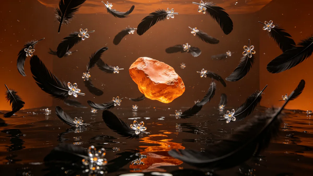 Black feathers circle a floating amber stone above reflective dark water.