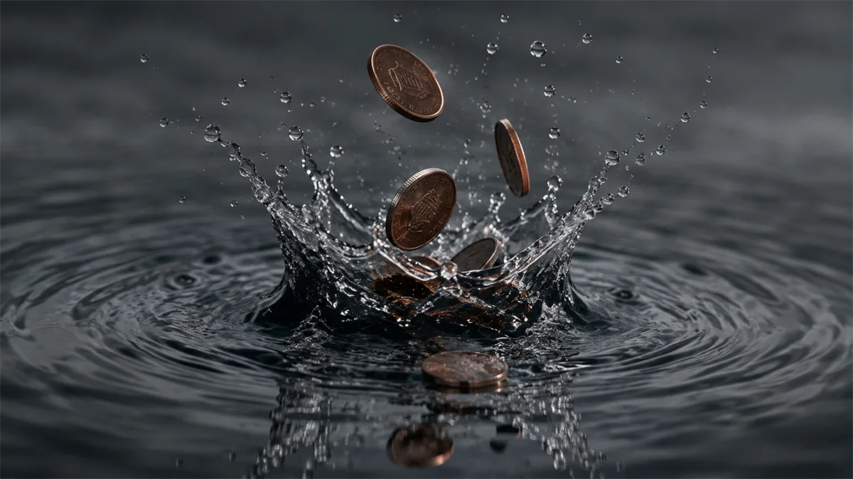 Coins fall into dark water and splash through ripples, creating a metaphor for cash flow, liquidity, lost savings, or money entering an unstable system.