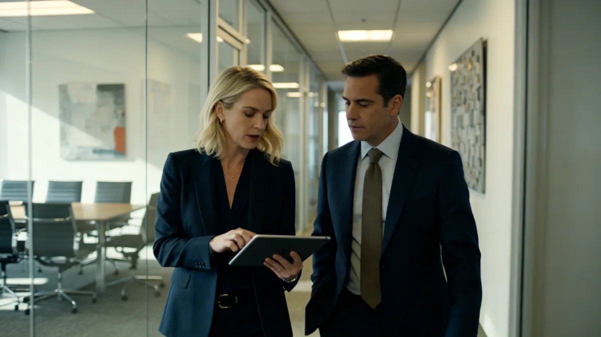 Two suited professionals walk through an office corridor while reviewing a tablet, showing quick collaboration, executive updates, mobile reporting, and workplace communication between meetings.