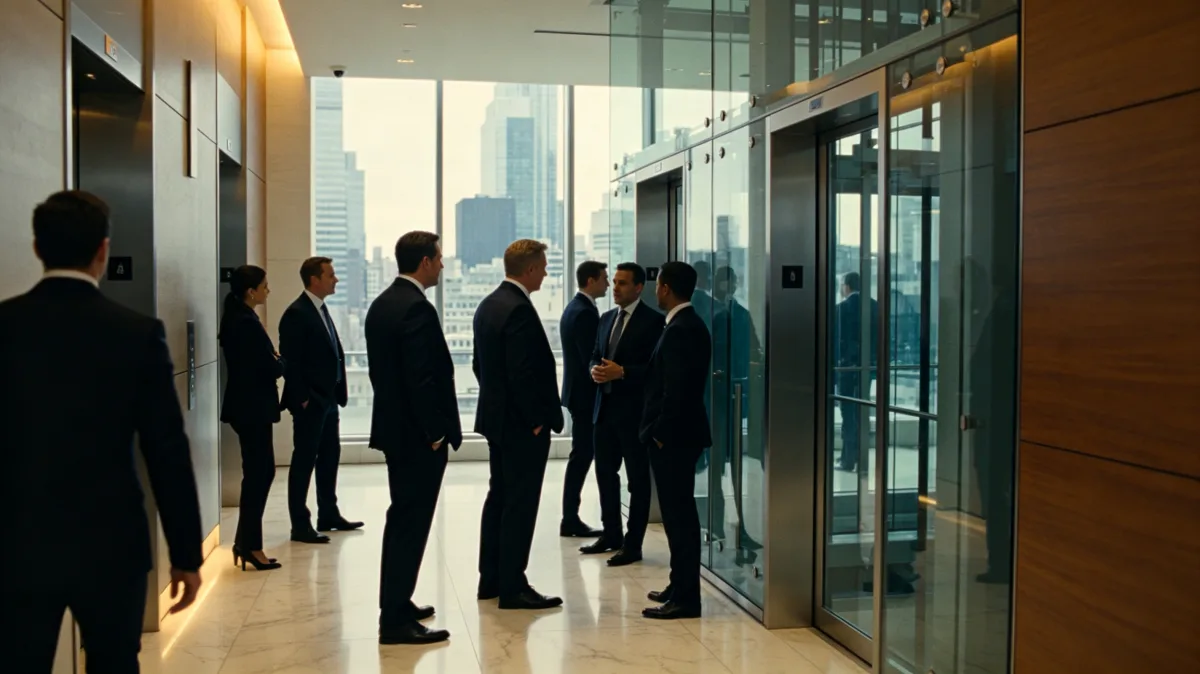 A group of suited professionals waits near elevators inside a modern office tower lobby with glass walls.