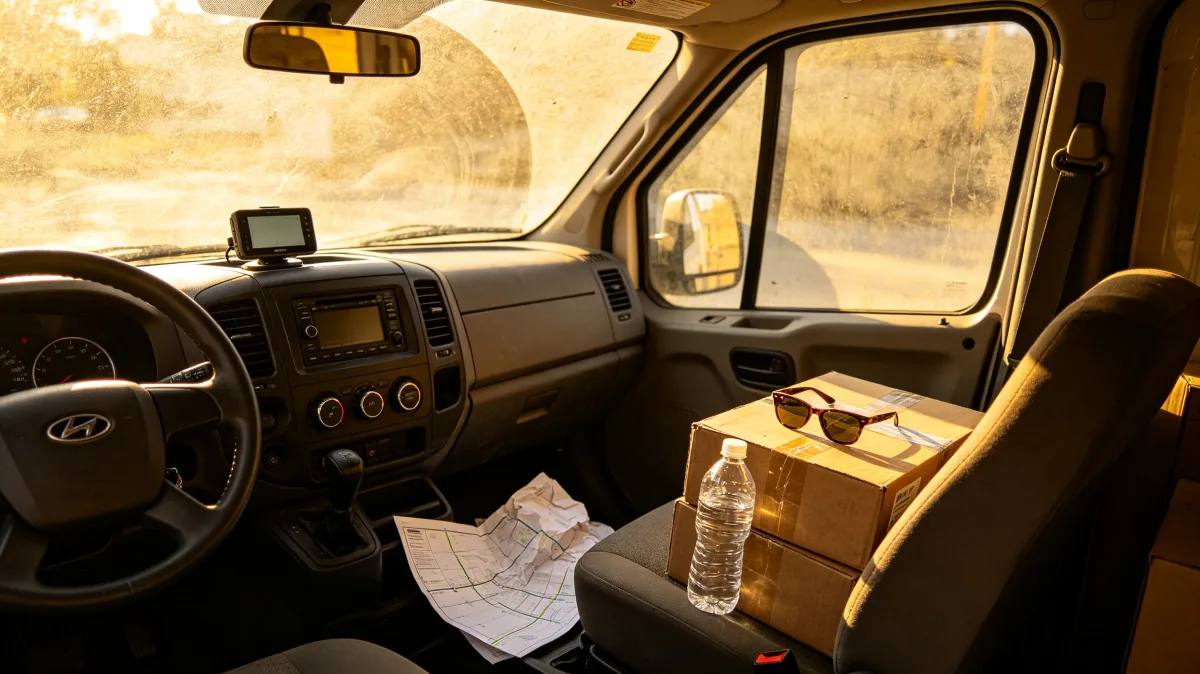 delivery van interior with parcels and route paperwork