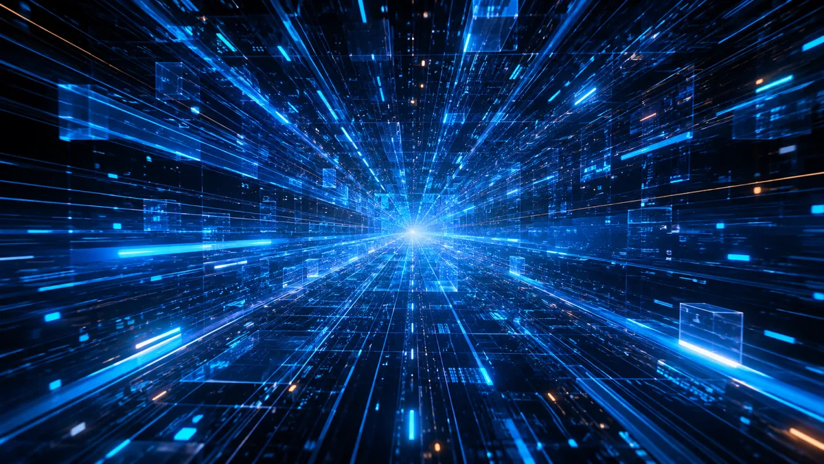 blue digital data tunnel rushing toward bright center