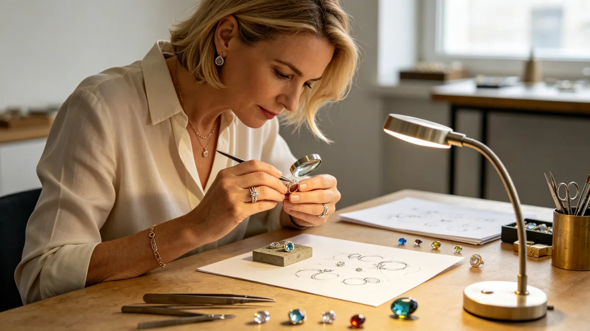 A woman works under a desk lamp with tweezers, small components, beads, and a tablet nearby, showing precise craft work, product photography preparation, and detailed creative production.