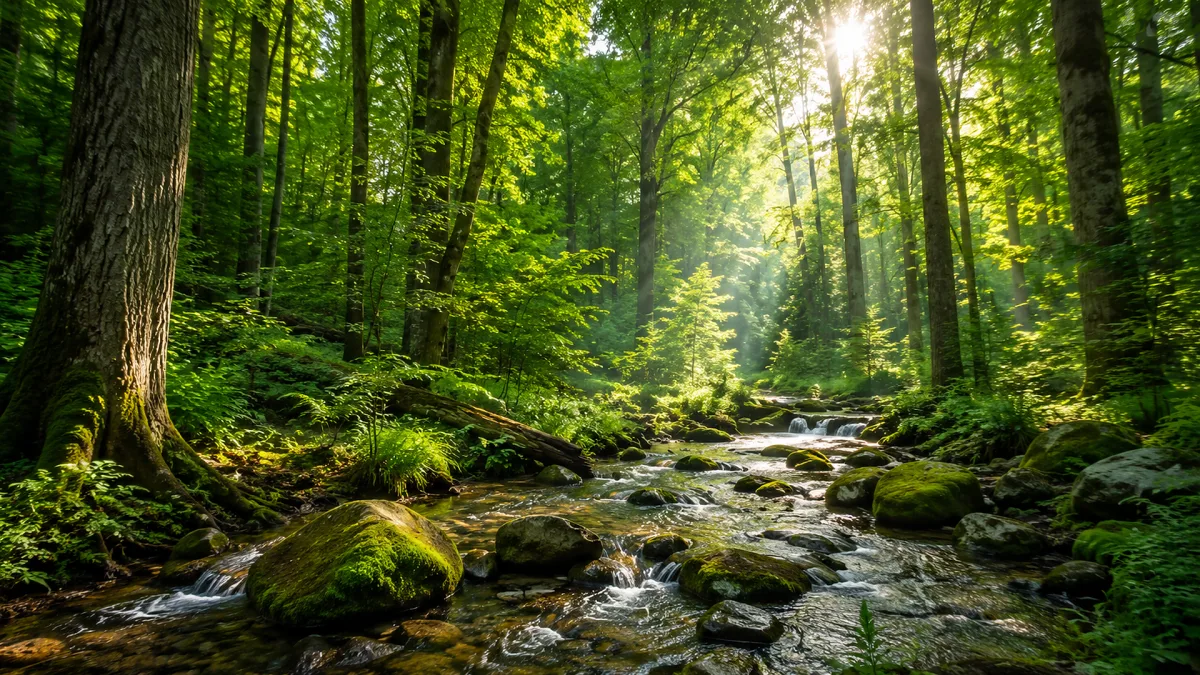 A sunlit forest stream flows over moss and rocks through tall trees.