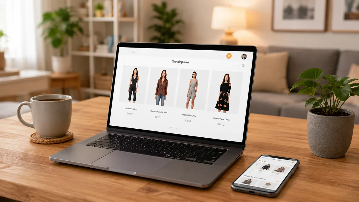 A laptop and phone display fashion products on a clean home shopping table.