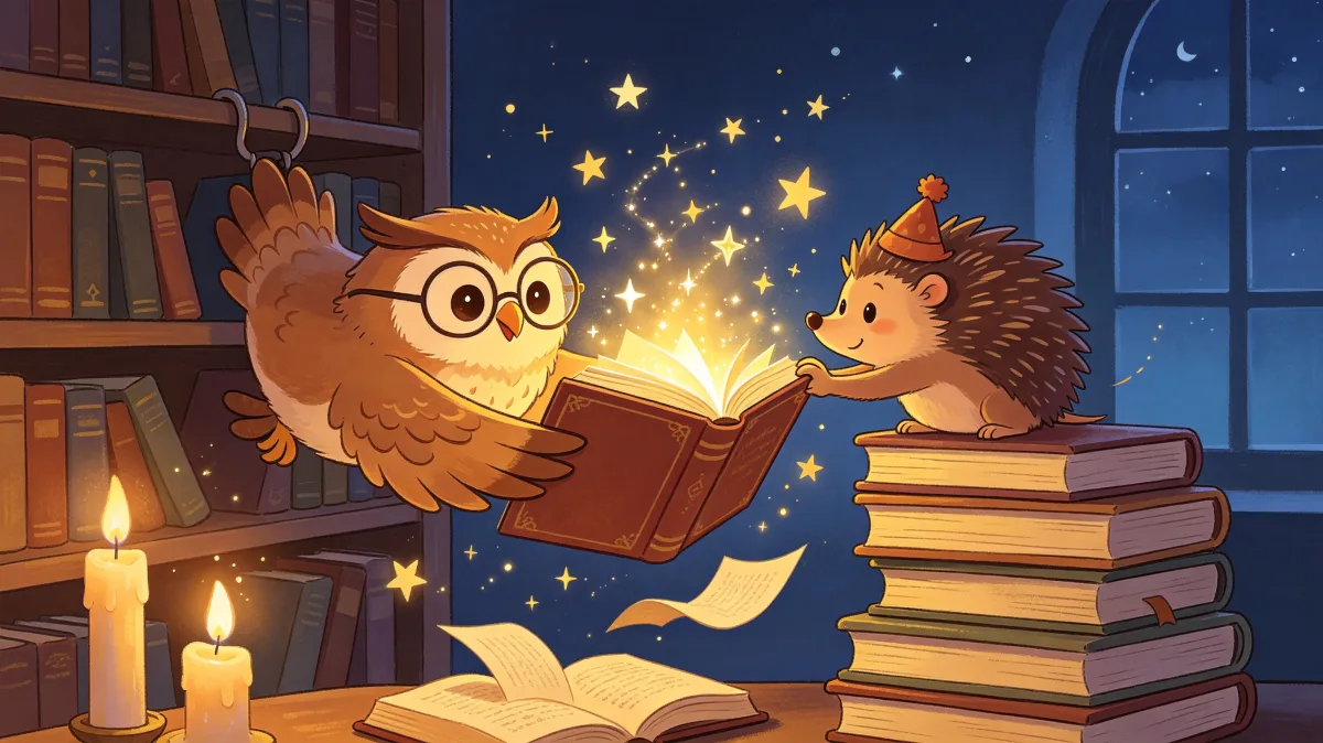 A colorful storybook cartoon scene featuring owl and hedgehog reading magic book, designed for playful children-friendly illustration use.