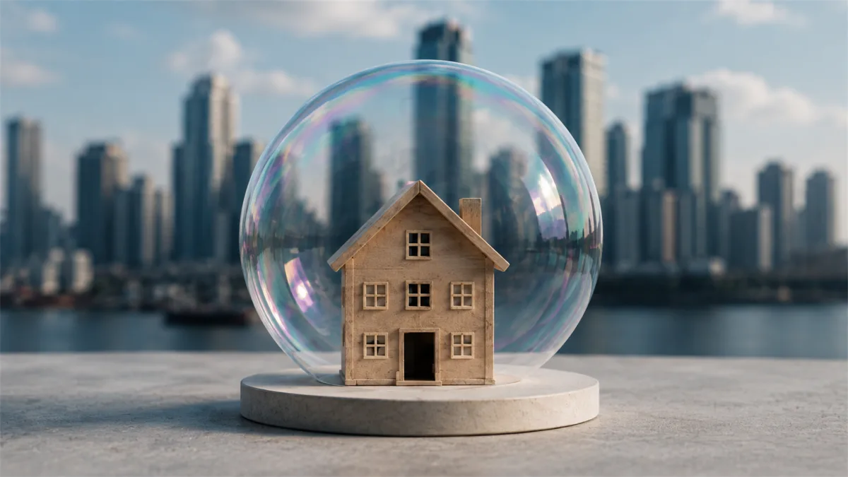 A small house inside a transparent bubble sits before a city skyline, suggesting housing market vulnerability, asset bubbles, and urban property risk.