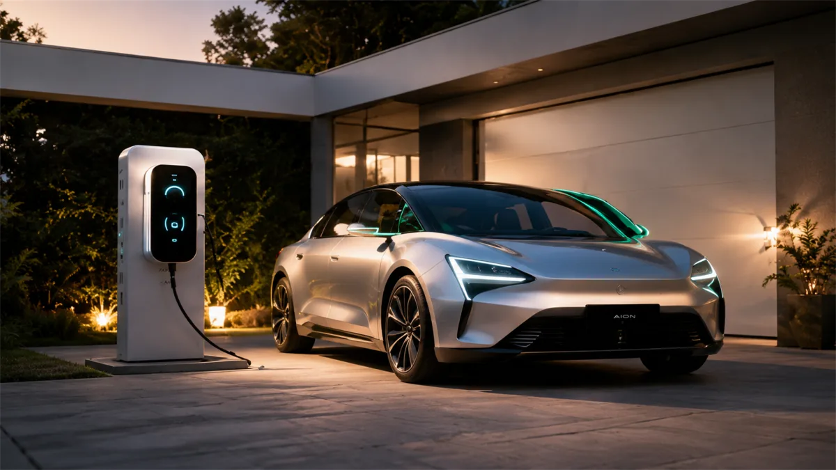 A sleek electric car charges beside a modern home at dusk, combining residential clean transport, smart charging, and everyday sustainable mobility.