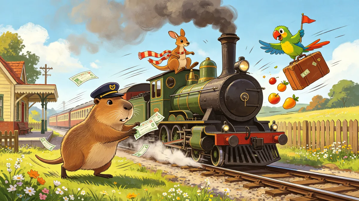 A colorful storybook cartoon scene featuring capybara train ride with flying parrot, designed for playful children-friendly illustration use.