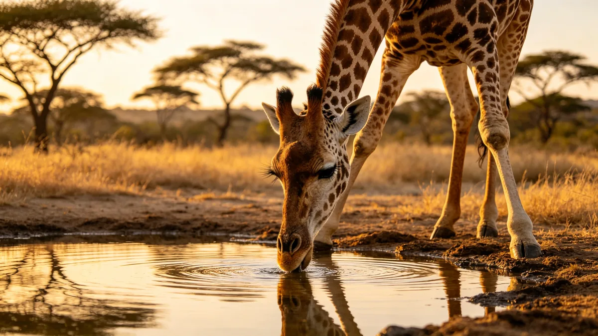 Hyper‑realistic wildlife photo of tall giraffes wandering across sunlit African grassland, acacia trees scattered across the background, warm golden hour sunset light, wide open savanna scenery.