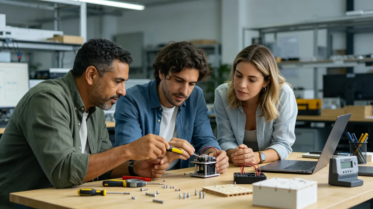 Three colleagues lean over a table with small mechanical parts, sketches, and tools, showing collaborative product development, engineering review, and detailed problem-solving in a creative...
