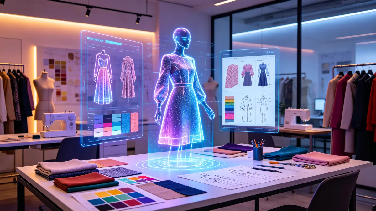 Fashion studio with holographic clothing model and digital design boards