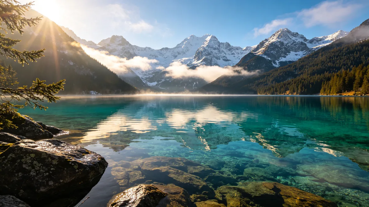 Clear turquoise glacial lake below rugged snow-capped alpine peaks and evergreen slopes.