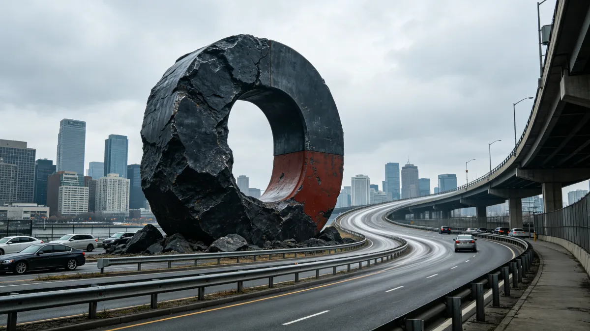 a massive circular stone form stands beside curving city highways, suggesting portals, public art, urban identity, infrastructure loops, and the strange geometry of movement through cities.