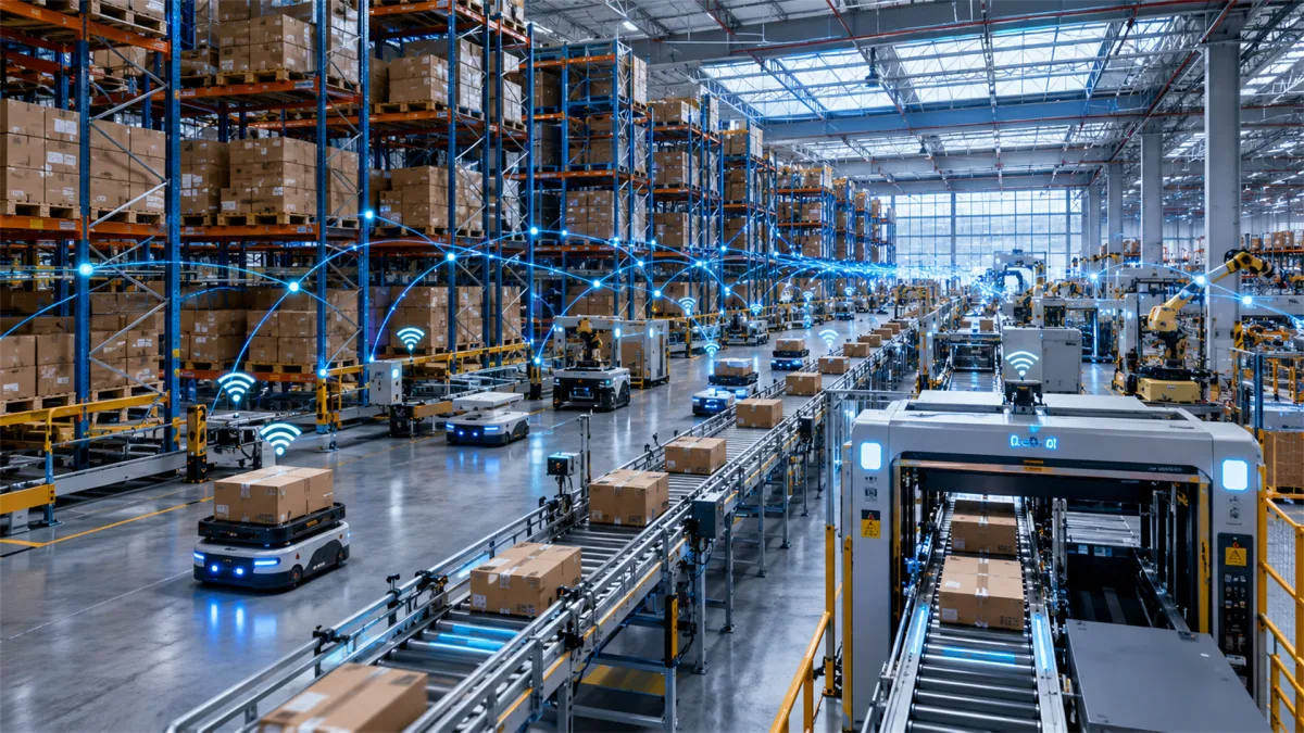 An indoor warehouse floor has shelves, carts, conveyor equipment, and blue digital overlays connecting inventory movement, representing warehouse automation, logistics networks, fulfillment data...