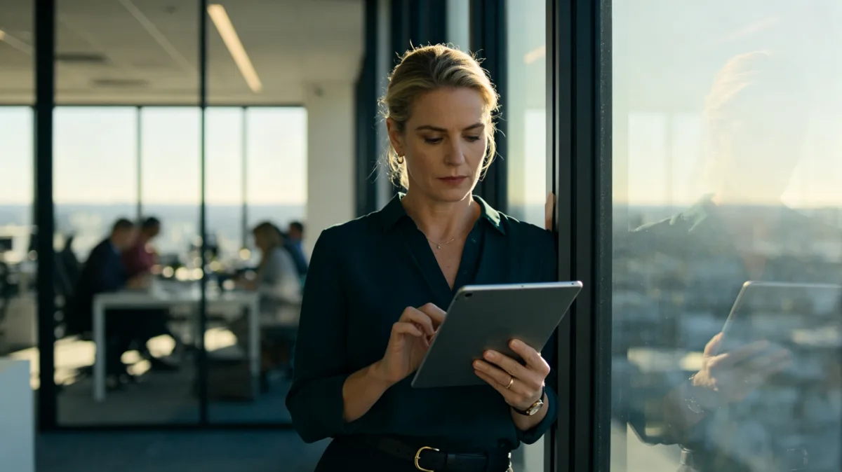 A professional woman stands in a modern glass office holding a tablet, with meeting rooms and city reflections behind her, showing mobile coordination, workplace communication, and confident...