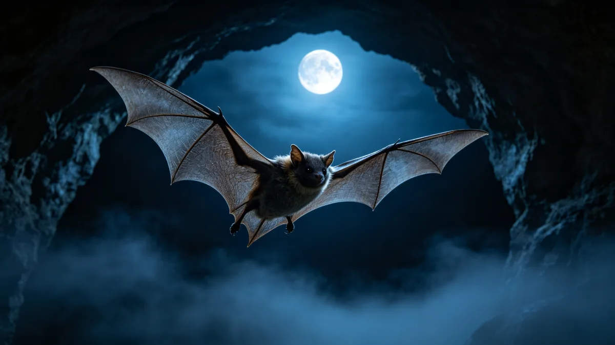 Bat flying from cave at night under full moon