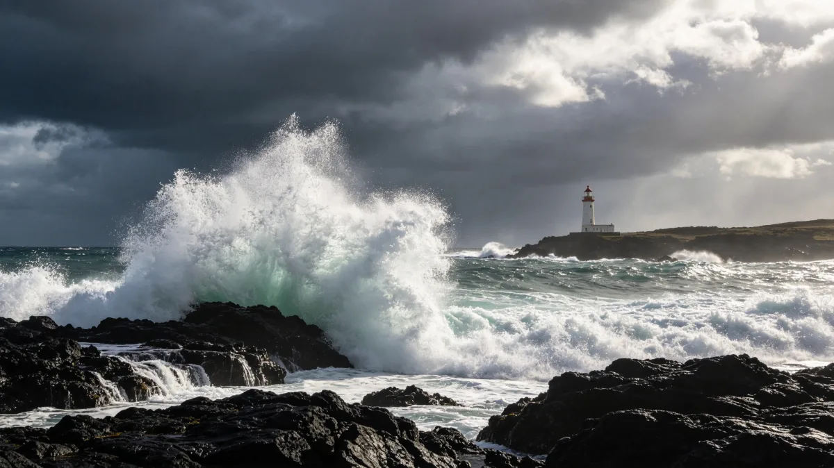 Storm Waves Against Rocky Lighthouse