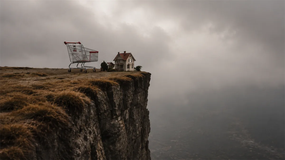 A shopping cart and small house sit at the edge of a cliff under a gray sky, suggesting fragile household finances, housing risk, and consumer pressure.