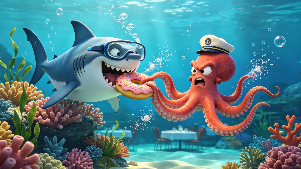 A colorful storybook cartoon scene featuring shark and octopus underwater doughnut game, designed for playful children-friendly illustration use.