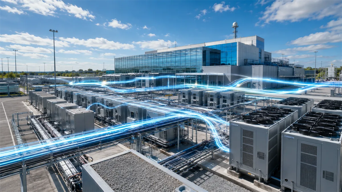 Industrial cooling units, pipes, and rooftop equipment connect with blue data paths around a large technology facility, illustrating the physical systems that keep data centers stable and always...