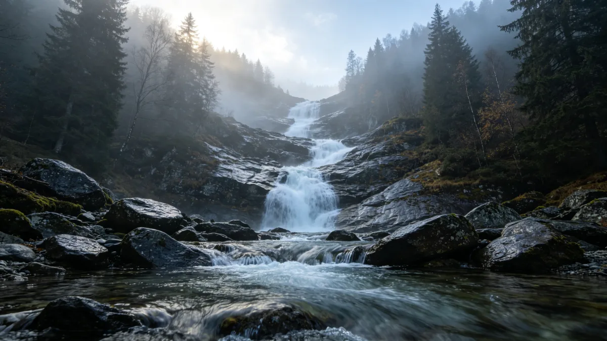 a cold mountain stream cascades over dark rocks through misty evergreen forest, creating a peaceful wilderness scene with moving water, mossy edges, soft light, and a natural hiking-trail atmosphere.
