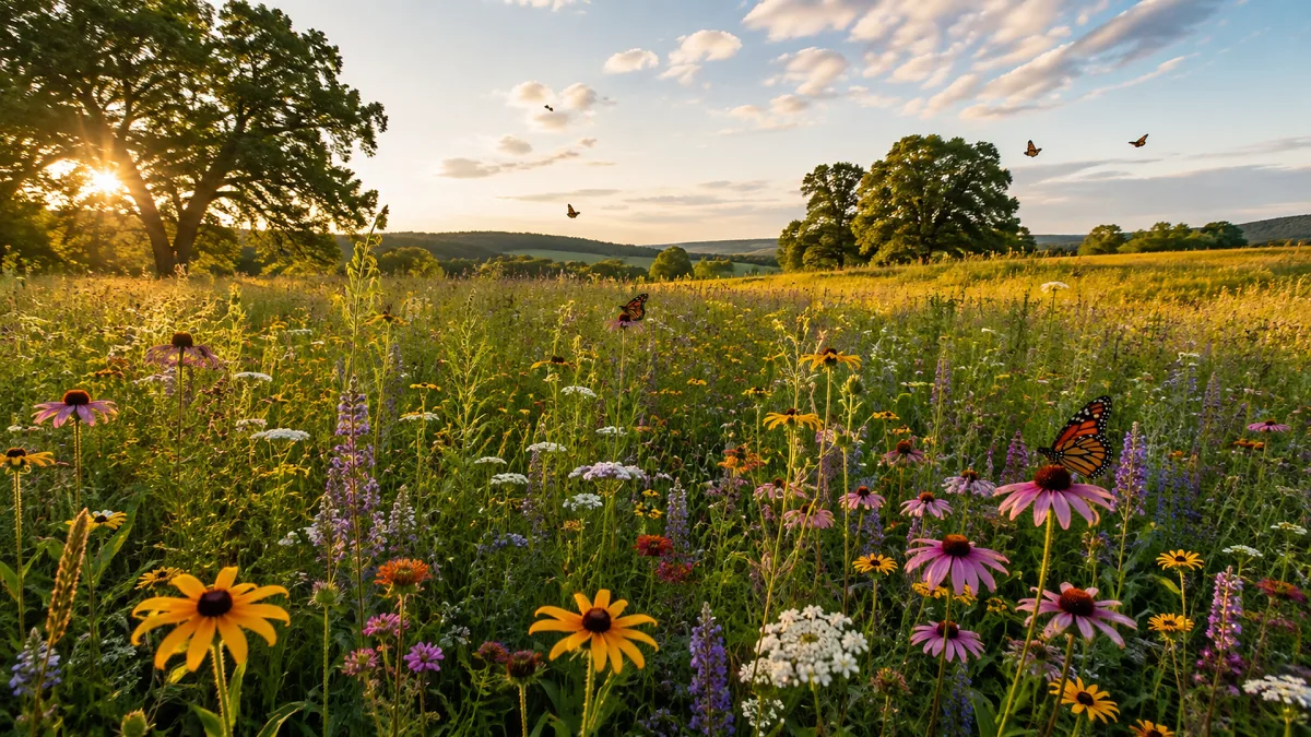 Wildflowers bloom in a meadow while birds cross the warm evening sky.