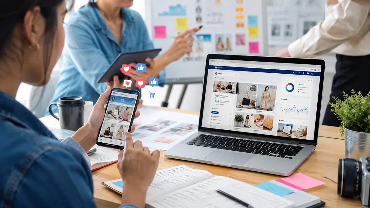 A team reviews social commerce content on laptops and phones during a marketing meeting.