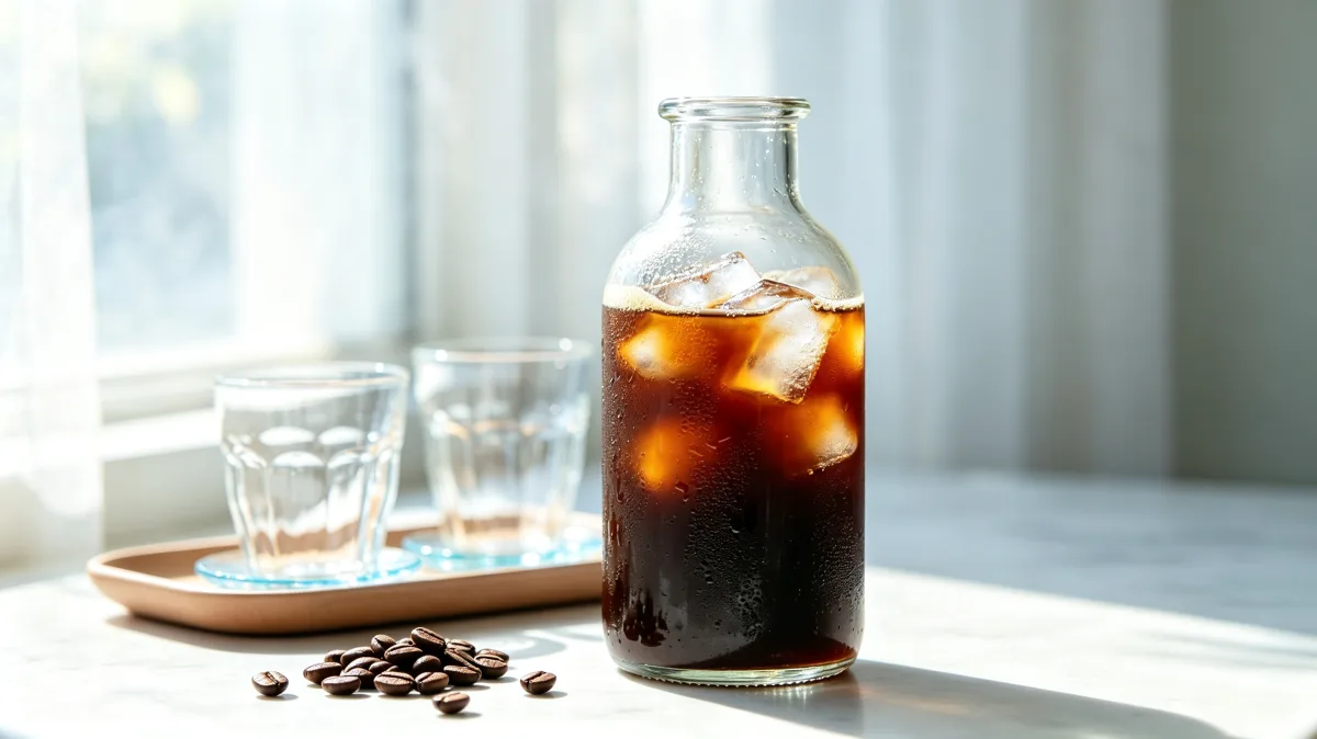 cold brew coffee bottle with tumblers and beans by window
