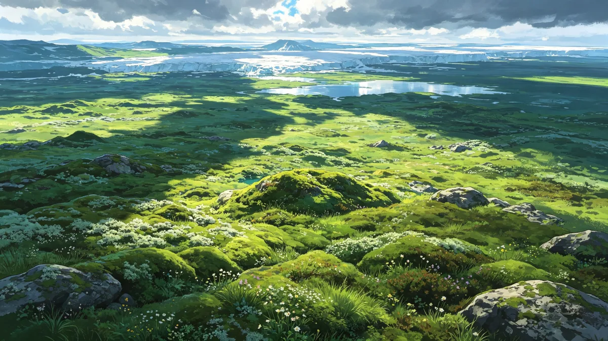 A broad aerial landscape shows mossy green landforms, water channels, clouds, and sunlight spreading across an open wetland, creating a natural abstract background for ecology, restoration, and...