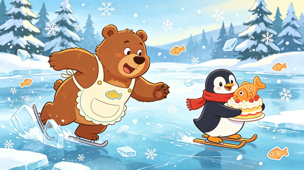 A colorful storybook cartoon scene featuring bear and penguin winter cake race, designed for playful children-friendly illustration use.