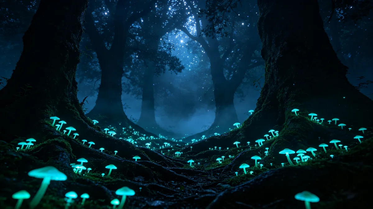 glowing turquoise mushrooms among roots in blue night forest