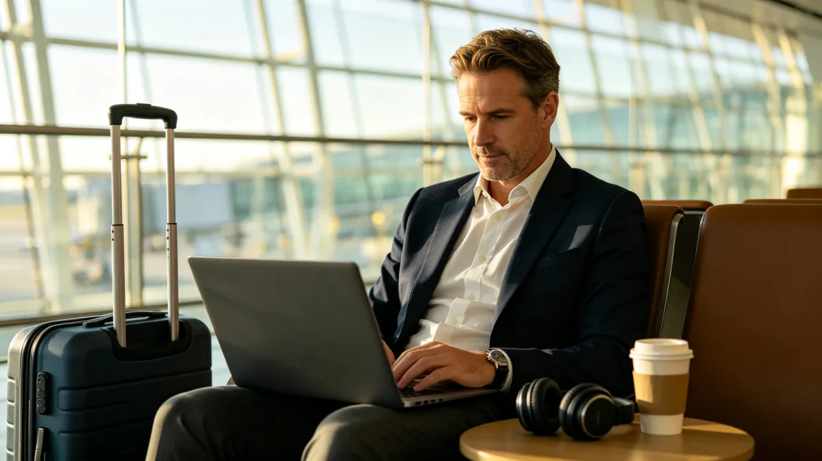 A man works on a laptop in a bright airport terminal with luggage, coffee, and headphones nearby, showing travel work, waiting time, mobile productivity, and business tasks between flights.