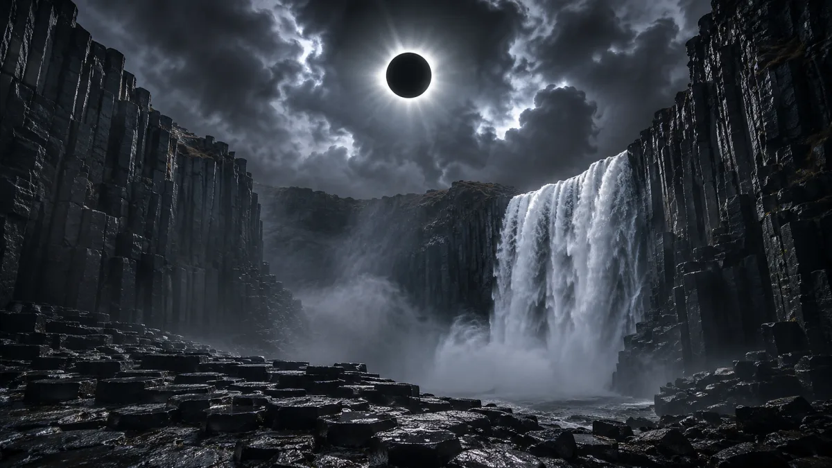 solar eclipse above dark canyon waterfalls