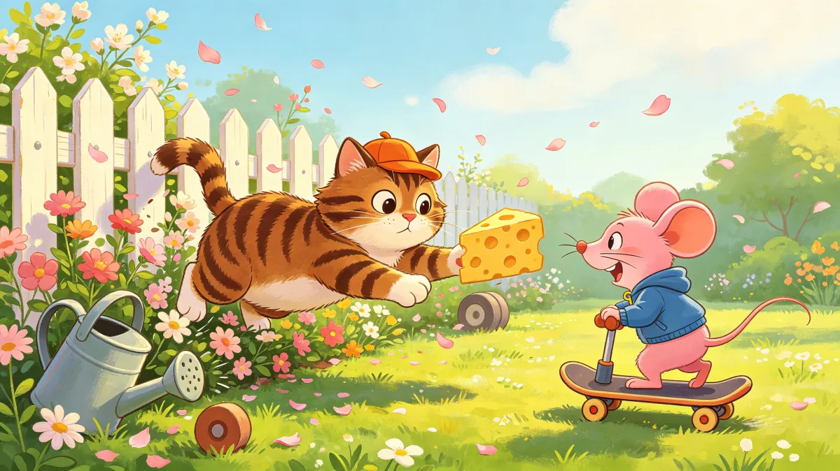 A colorful storybook cartoon scene featuring cat and mouse cheese chase in garden, designed for playful children-friendly illustration use.
