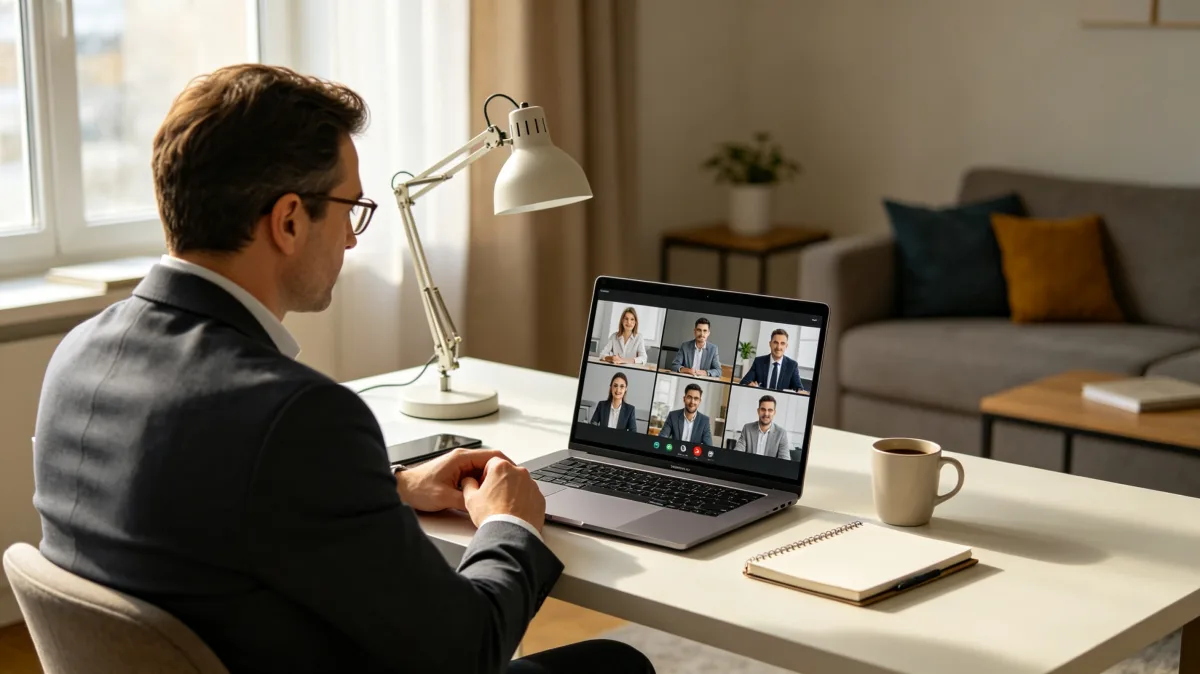Professional attending video conference from home office