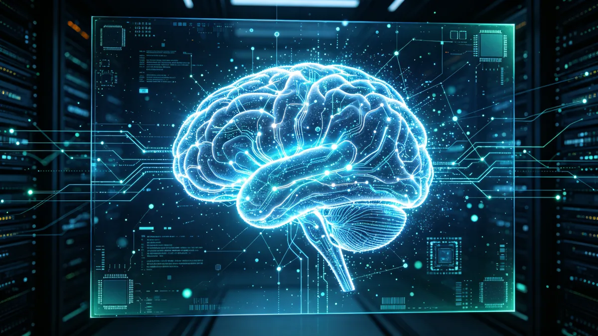 Glowing AI brain interface over blue digital circuit board