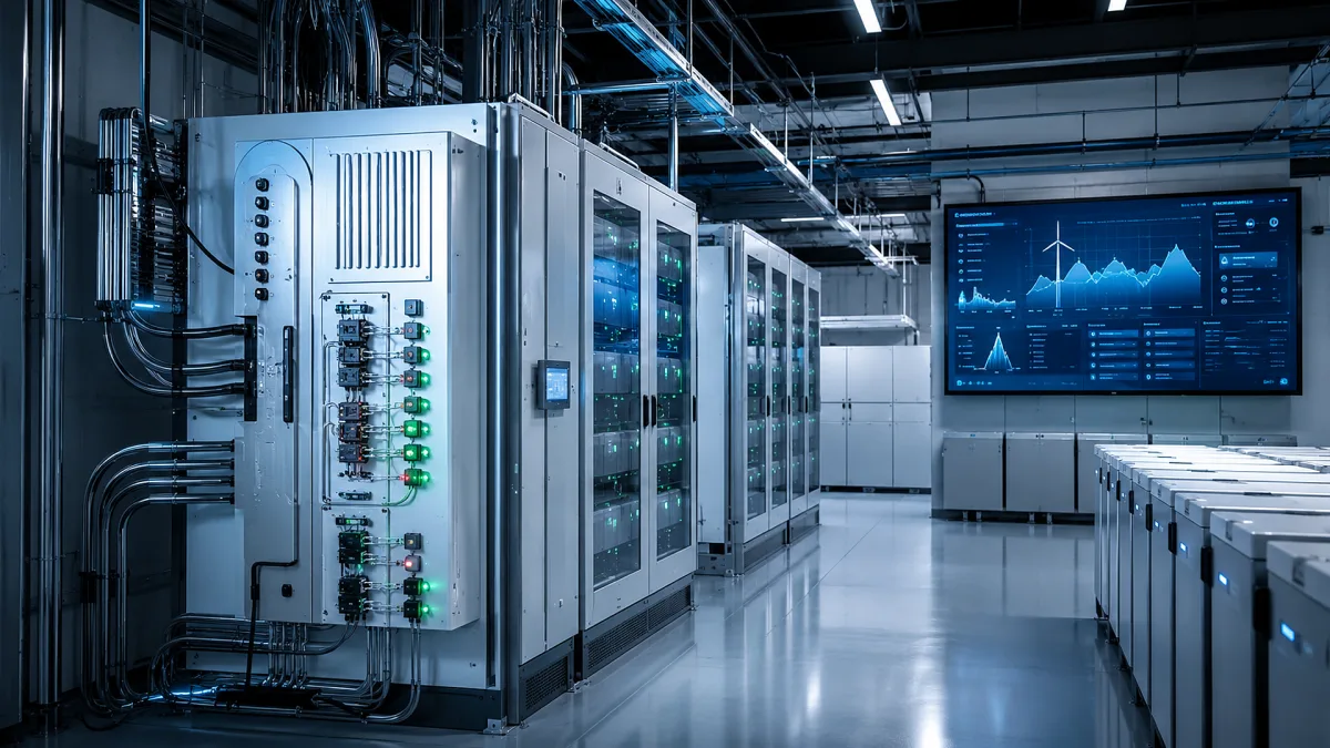 Battery cabinets and monitoring screens fill a high-tech energy storage control room.