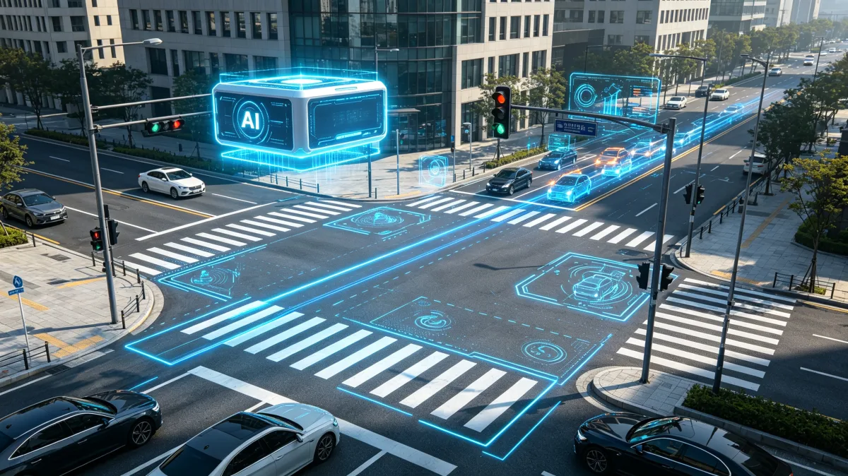 Urban intersection with AI traffic control cube and connected vehicle overlays
