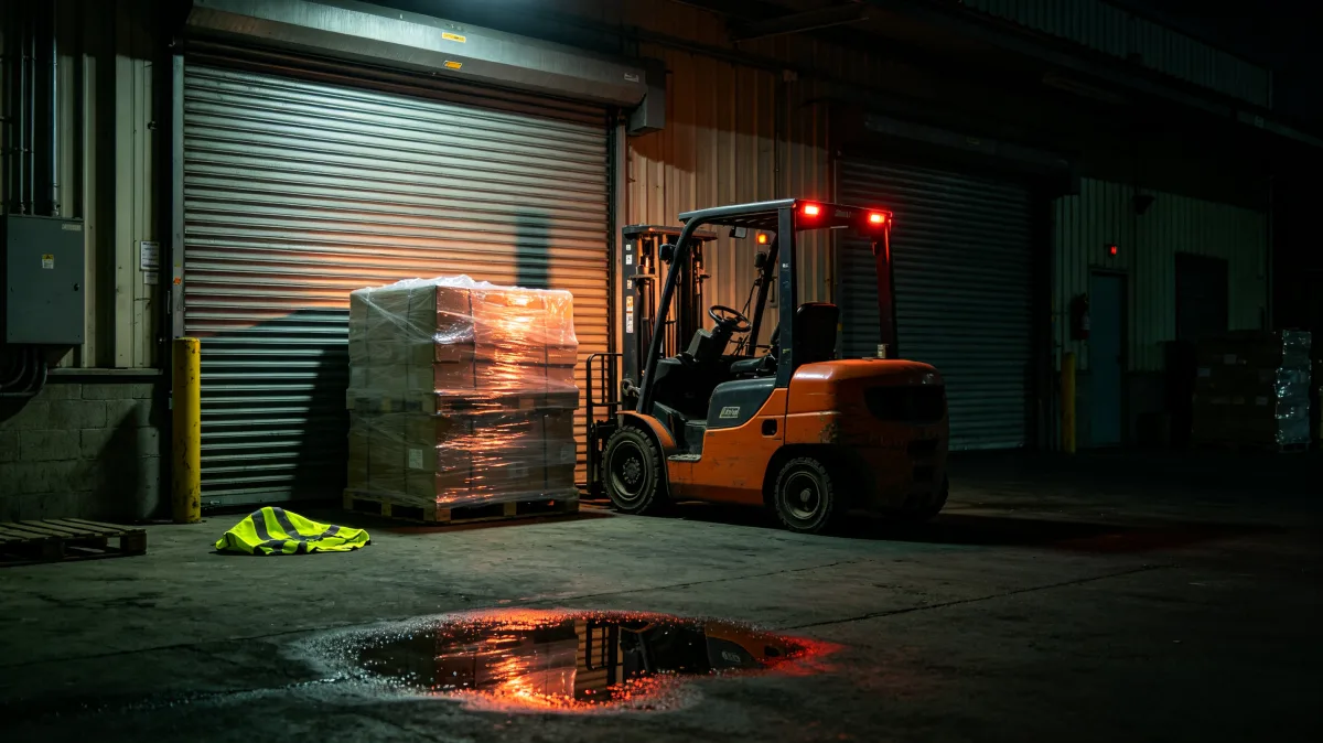 forklift moving wrapped pallets outside loading bay at night